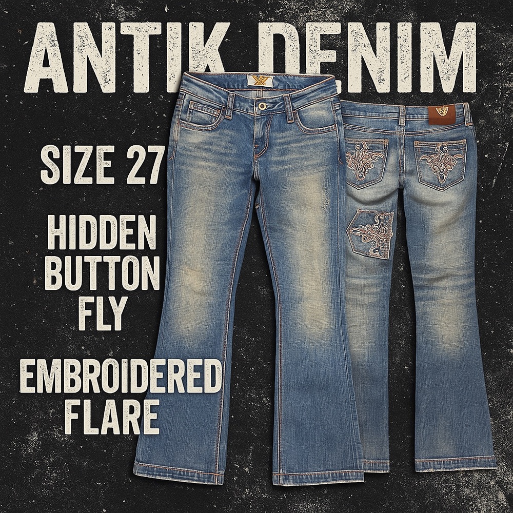 Antik Denim Bootcut Jeans | Size 27 | Pink Stitching & Embroidered Pockets